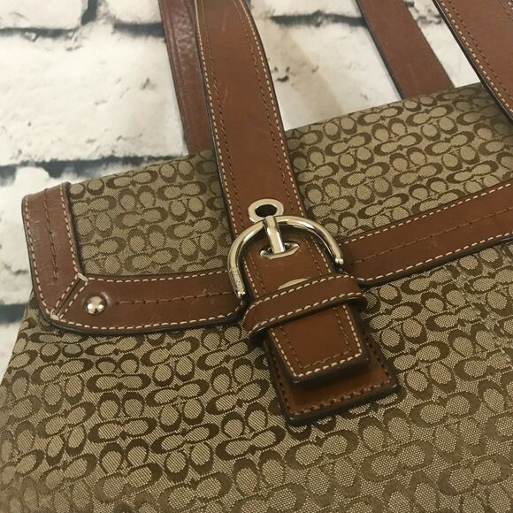 Coach Women's Purse Brown Fabric Cloth Satchel Leather Handles Trim - Picture 3 of 7